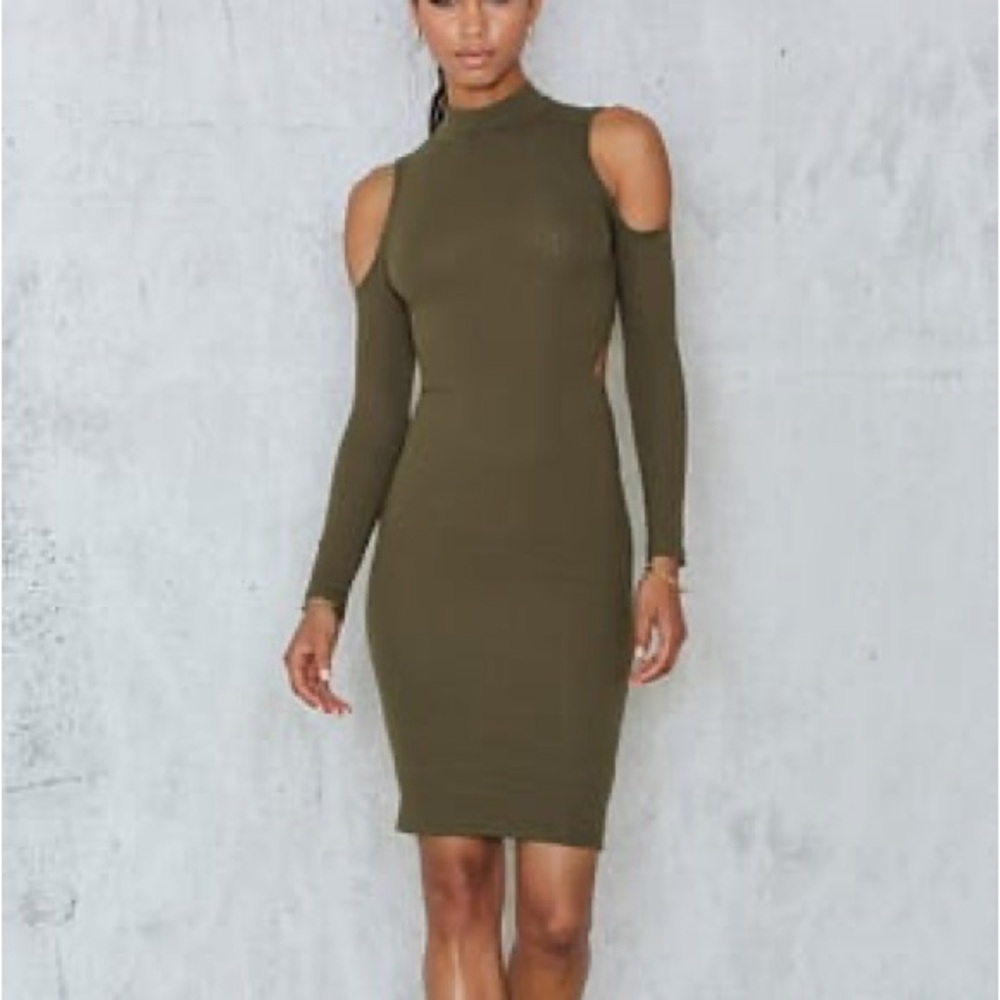 Olive Cold Shoulder Long Sleeve Bodycon Dress